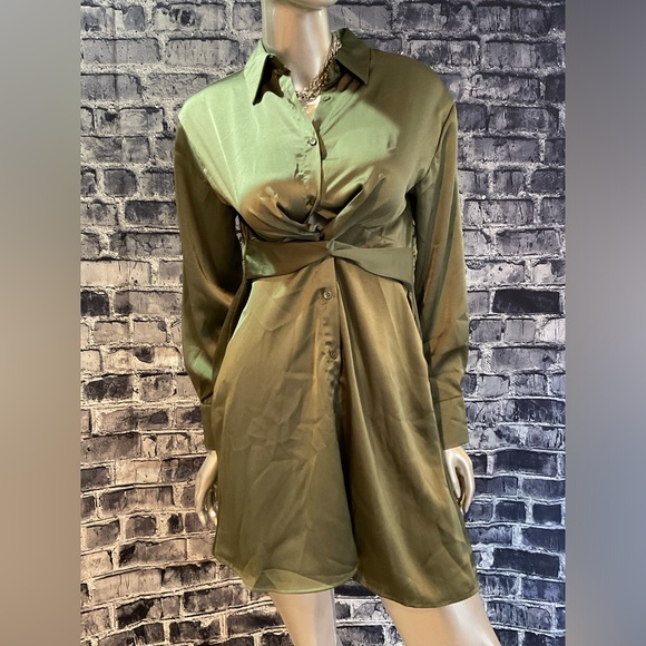 Olive Green Satin Long Sleeve Formal Dress - Picture 4 of 7